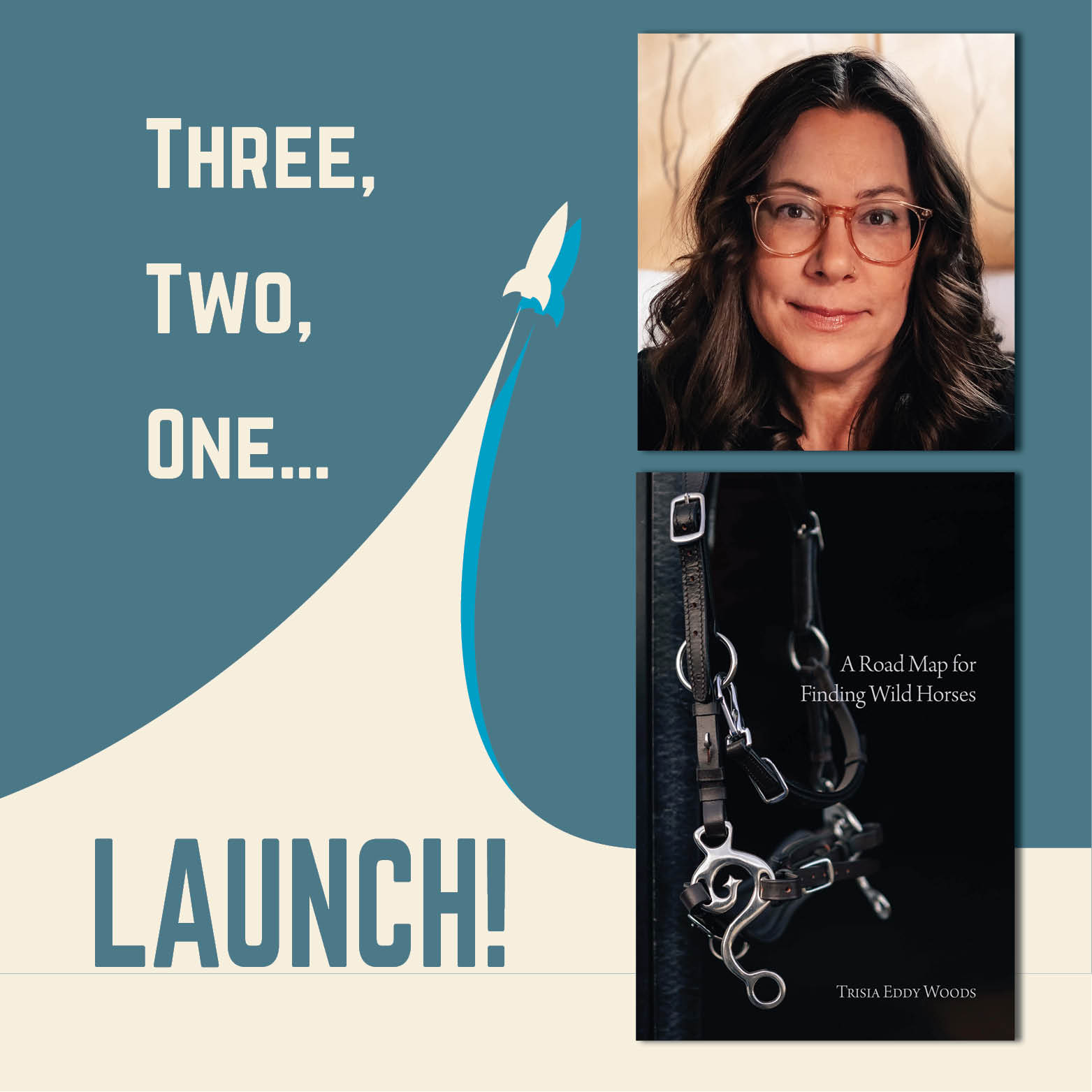 Three, Two, One Launch! A simple rocket soars into the air. On the right is a photo of Trisia Eddy Woods above a cover for A Road Map for Finding Wild Horses. 